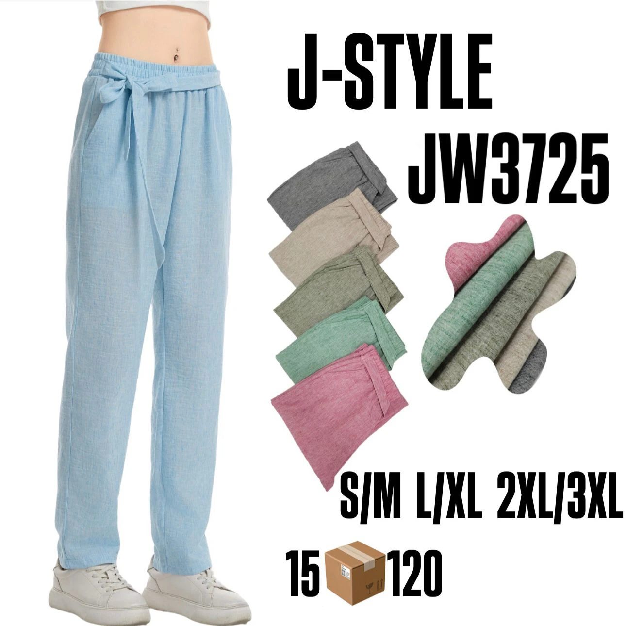 Pantalones holgados de lino con lazo en la cintura-JW3725
