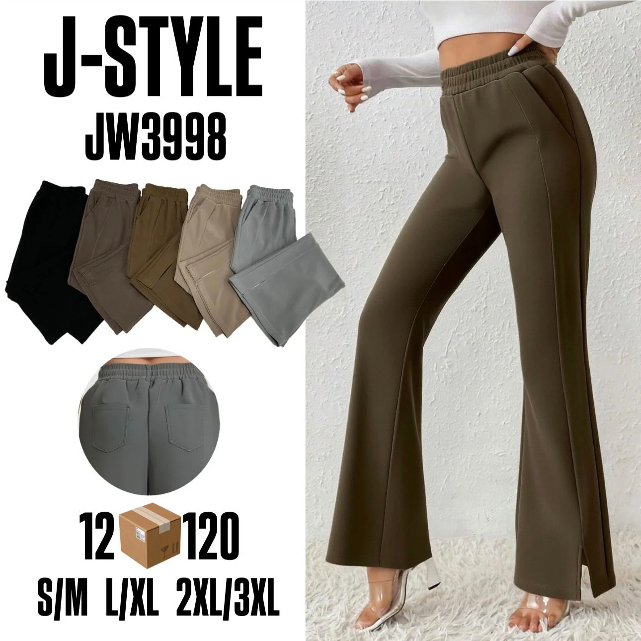 Pantalones acampanados con abertura lateral y pretina elástica-JW3998