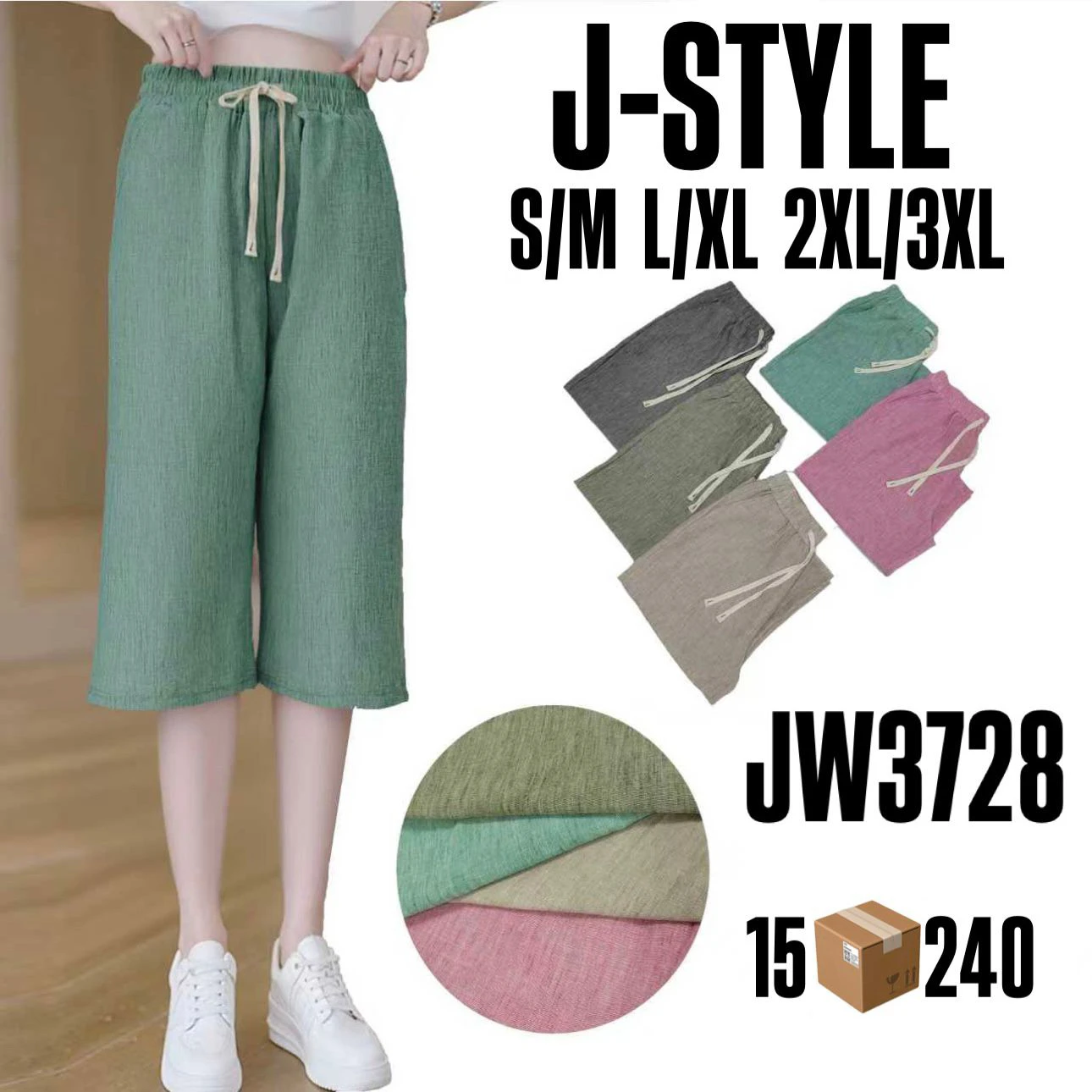 Pantalón capri de lino con cordón-JW3728