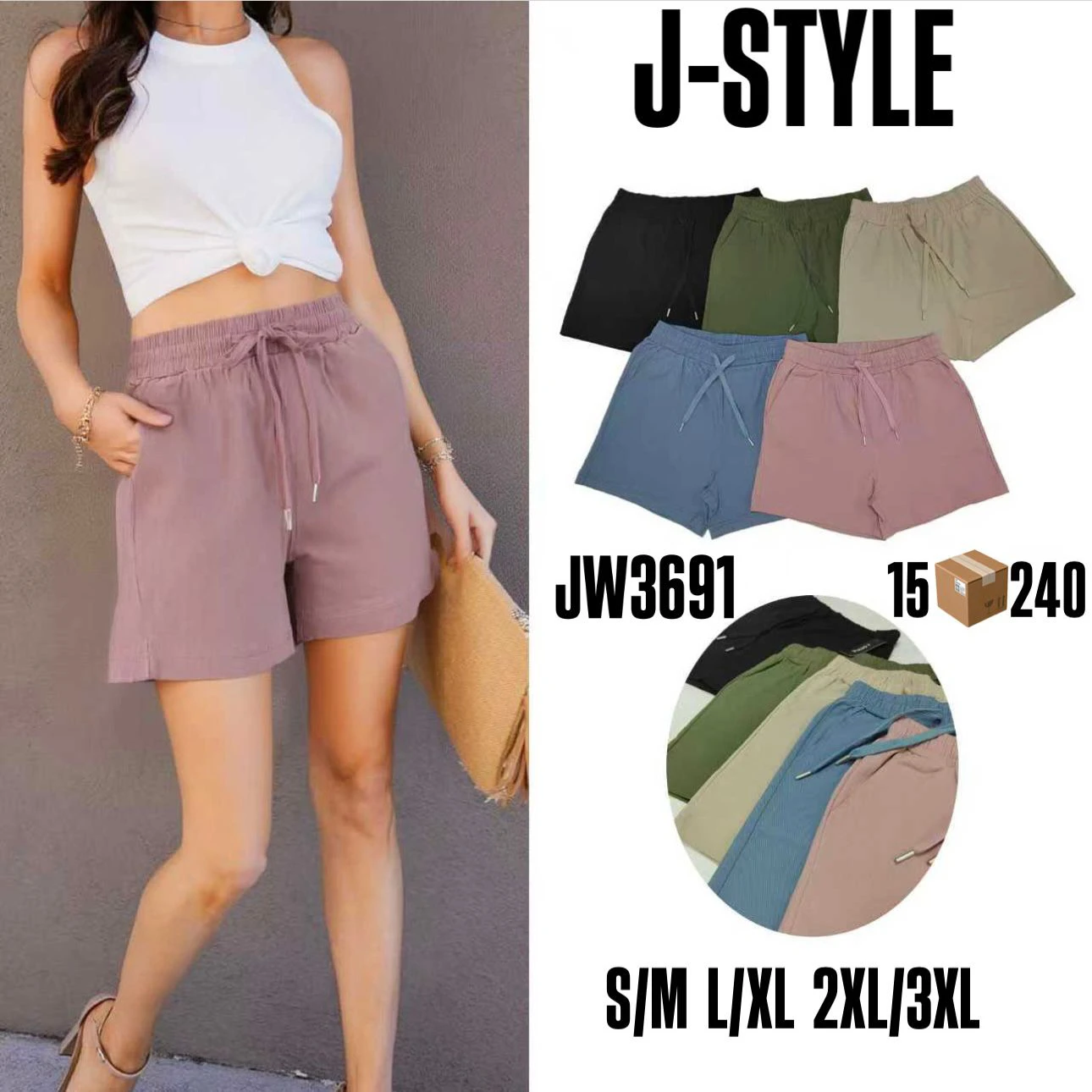 Shorts casuales con cintura elástica-JW3691