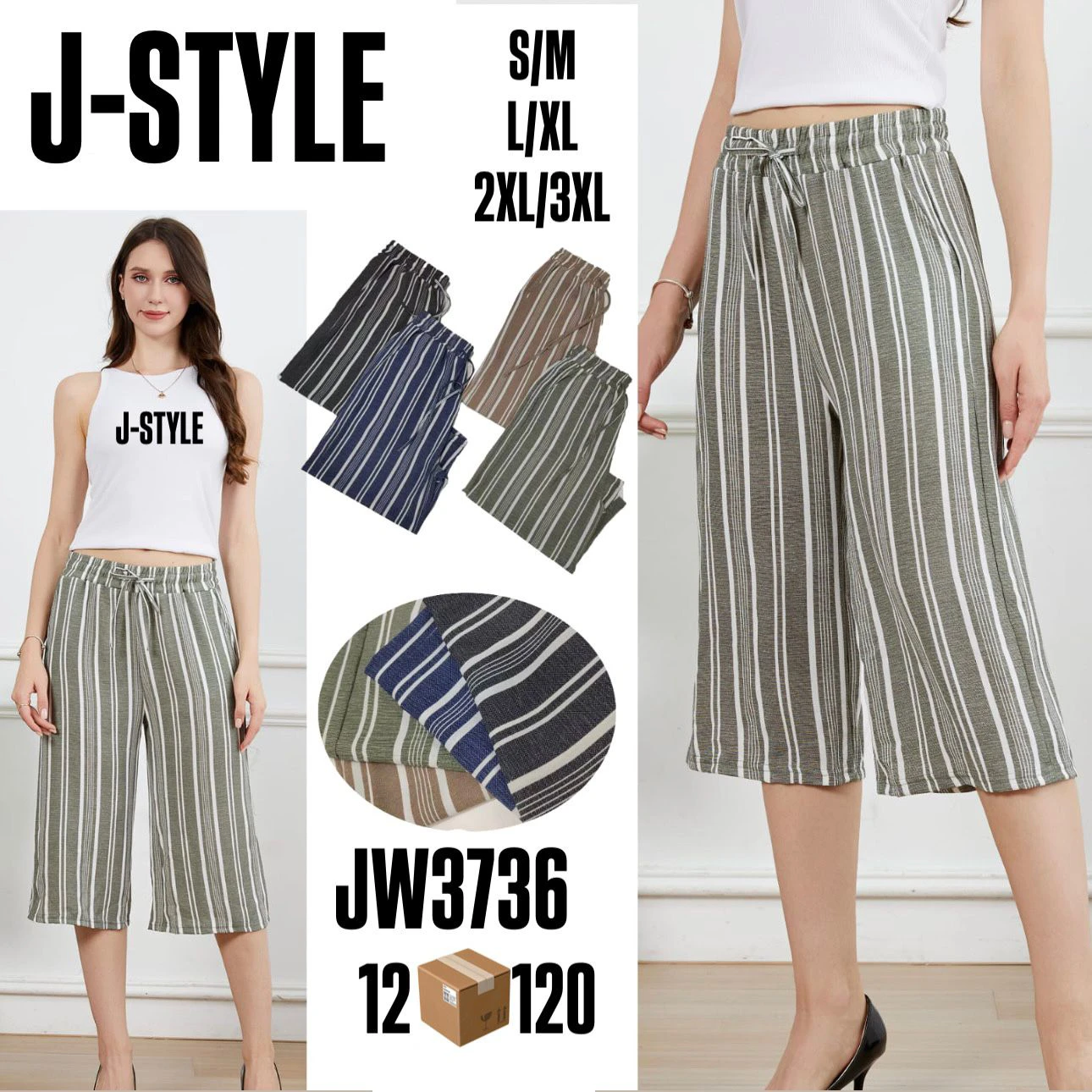 Pantalones Capris Rayados de Mujer-JW3736