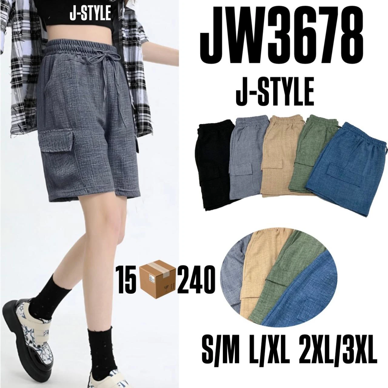 Shorts cargo de lino con cordón-JW3678