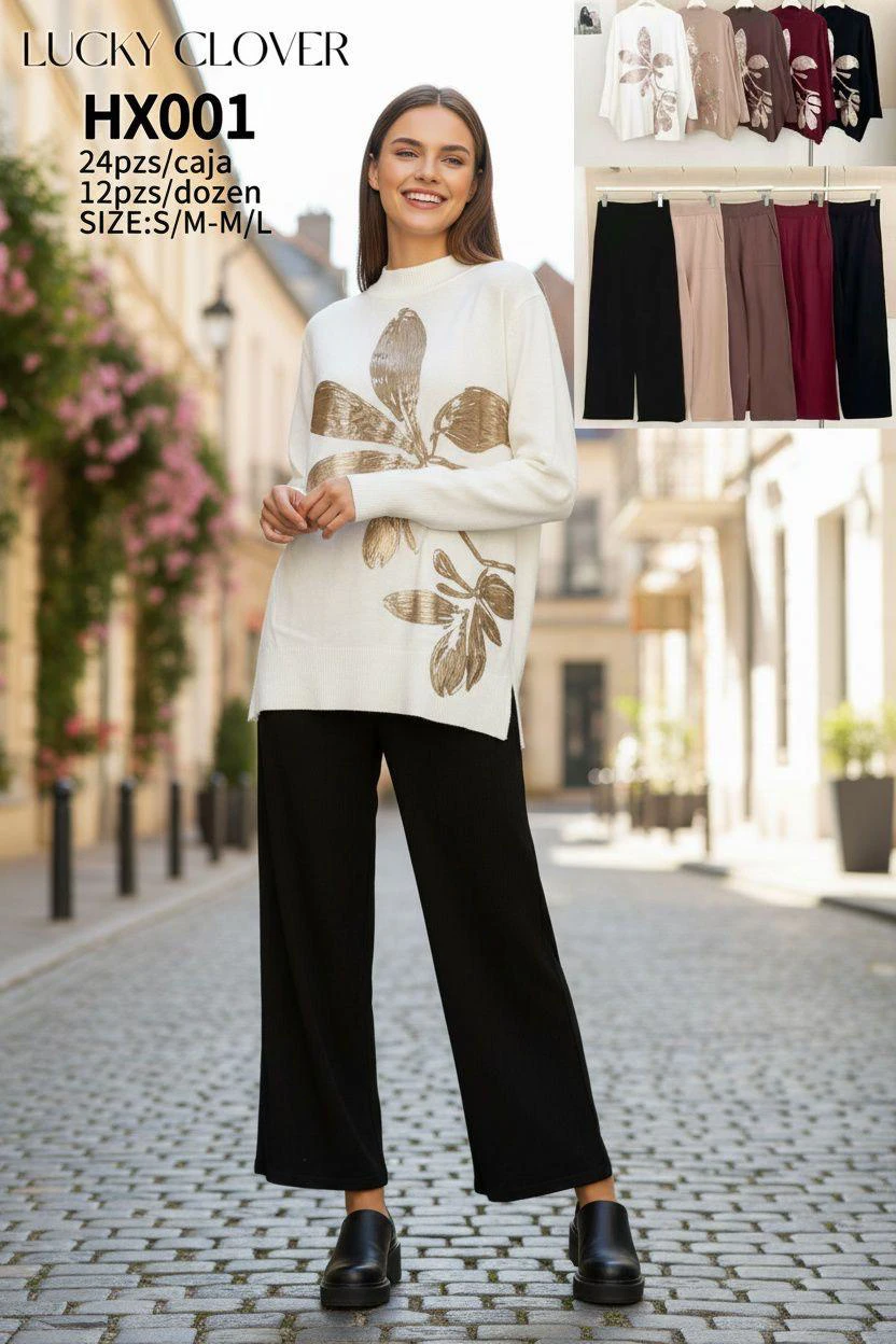 Conjunto de pantalón y suéter con estampado floral-HX001