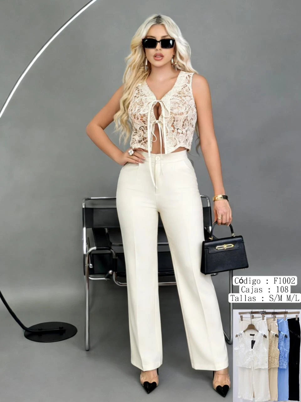 Conjunto de Pantalón y Top de Encaje-F1002
