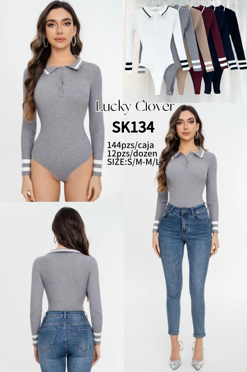 Bodysuit acanalado tipo polo de manga larga-SK134