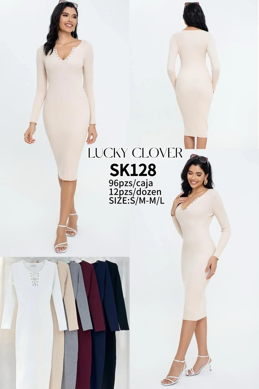 Vestido midi de manga larga con detalle en cuello-SK128