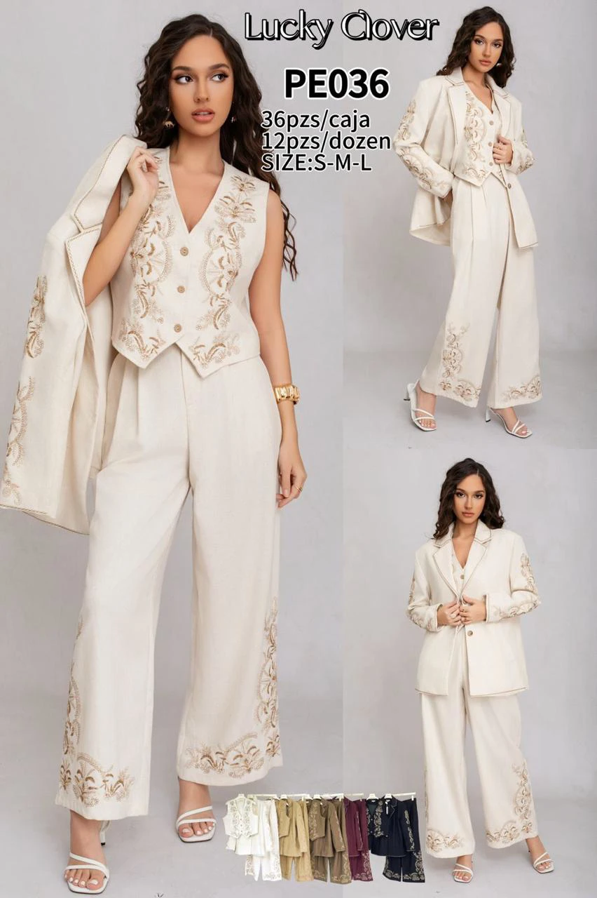 Conjunto de chaleco, pantalón y saco bordado para mujer-PE036