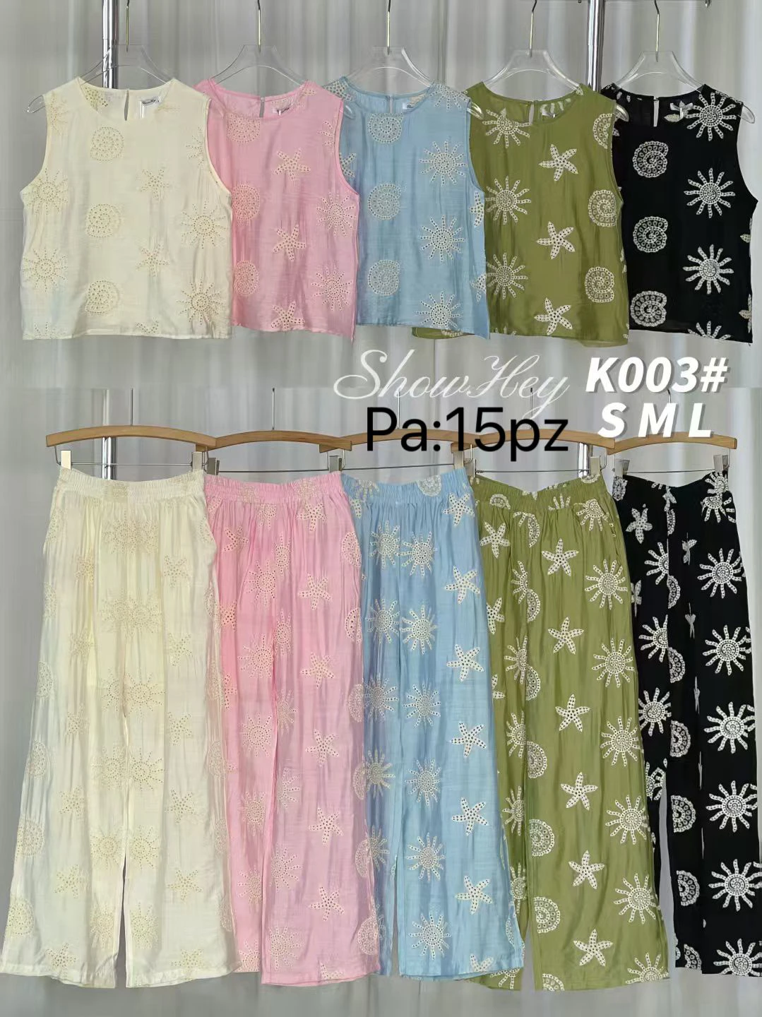 Conjunto de top sin mangas y pantalón con bordado de temática marina-K003