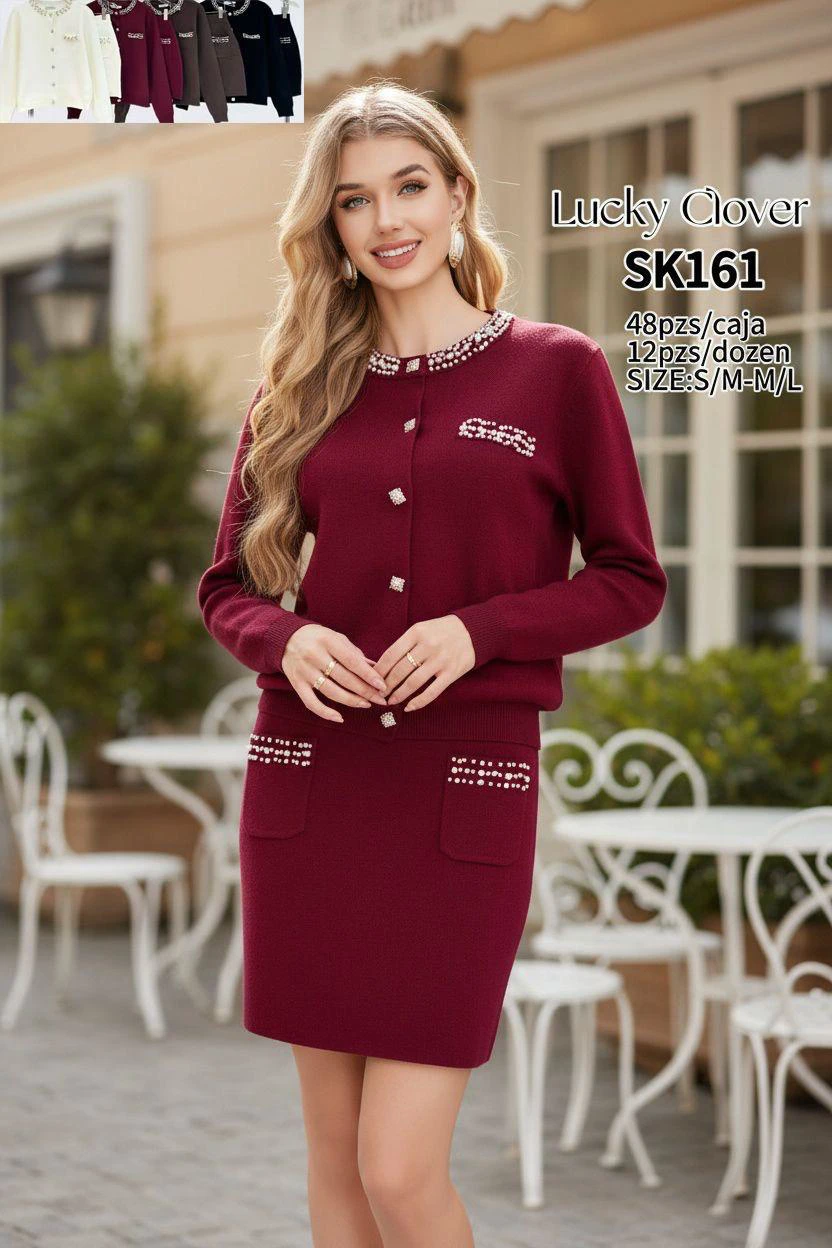Conjunto de falda y cárdigan con detalles de perlas-SK161