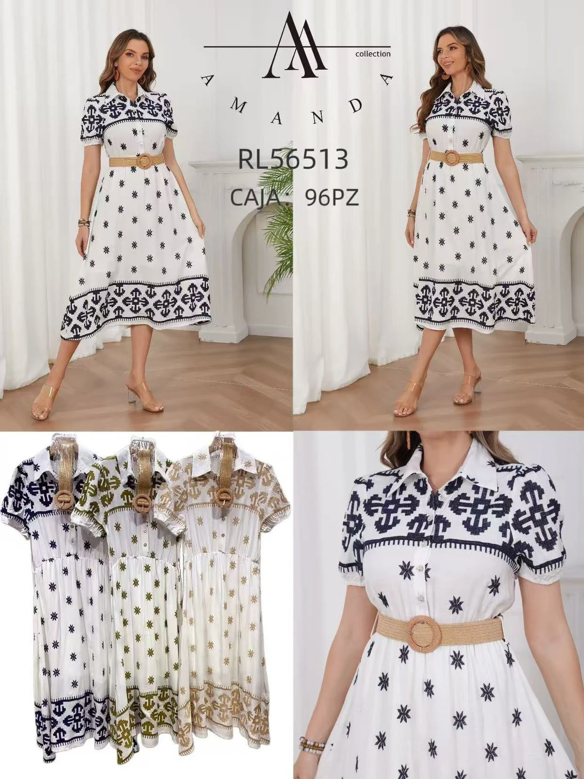 Vestido camisero de manga corta con cinturón y estampado-RL56513