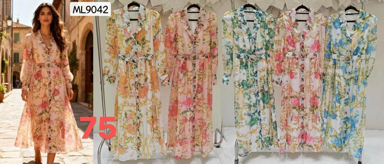 Vestido largo estampado con cinturón-ML9042