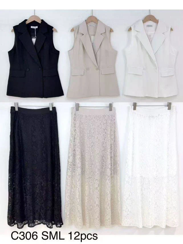 Conjunto de Chaleco Formal y Falda de Encaje-C306