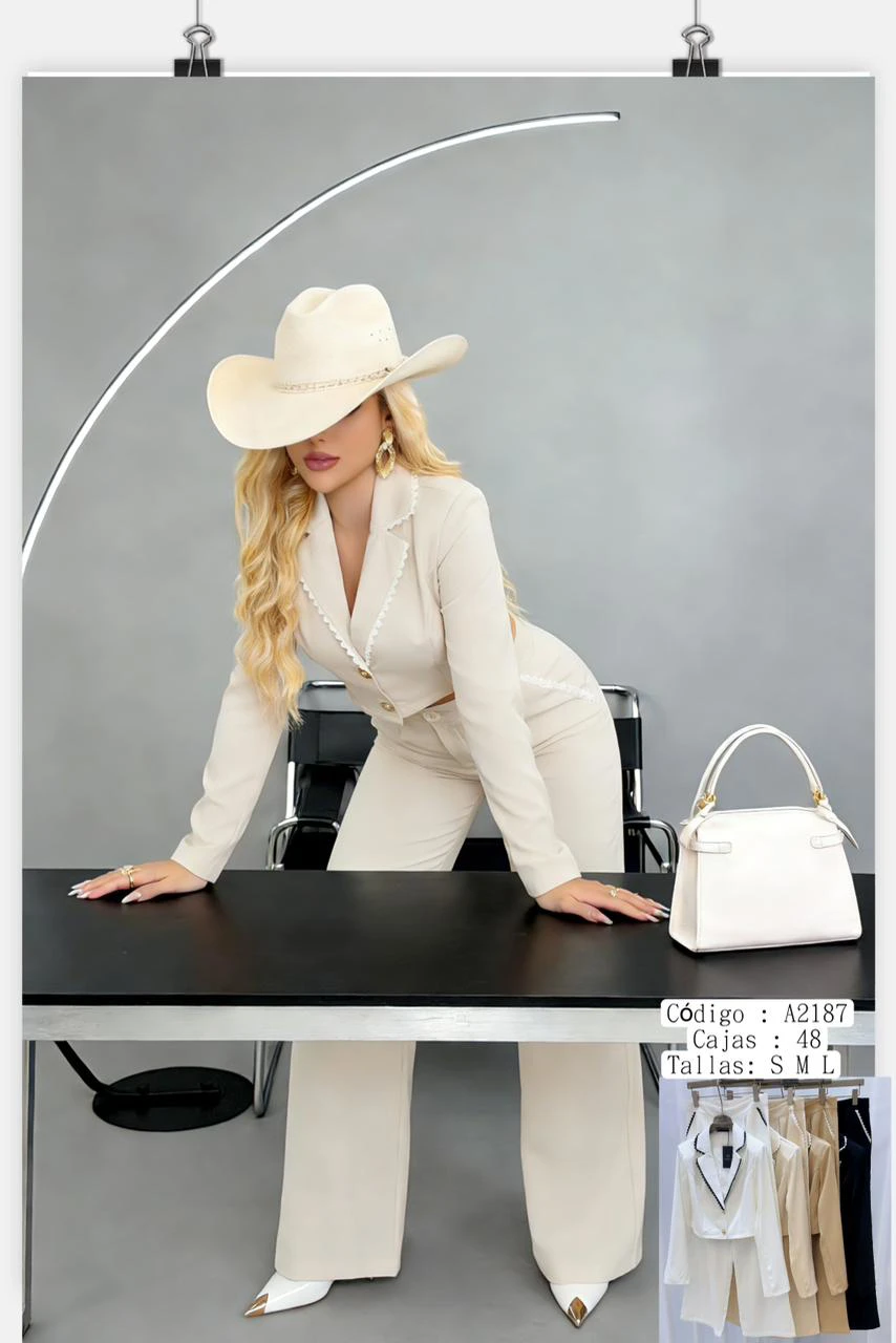 Conjunto de blazer cropped y pantalón de pierna ancha-A2187