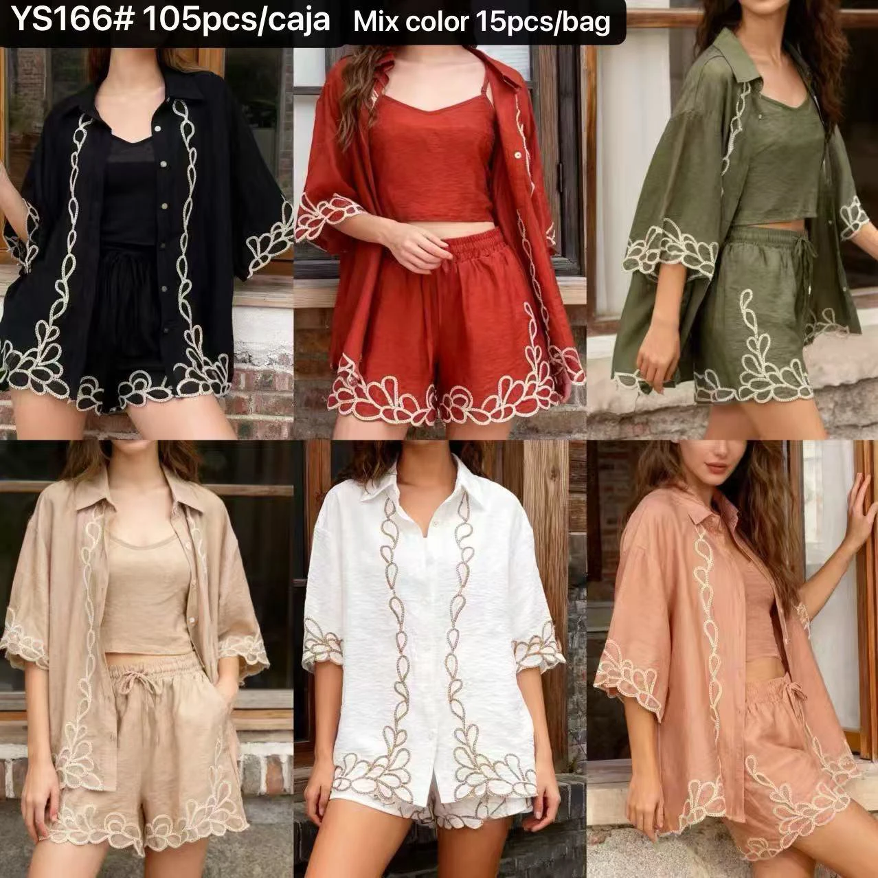 Conjunto de camisa, top y shorts bordados-YS166