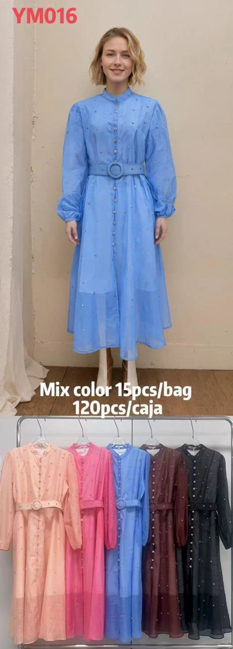 Vestido camisero de manga larga con cinturón y pedrería-YM016