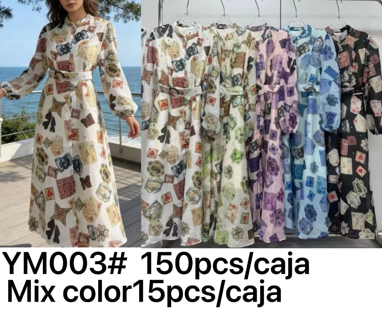 Vestido largo con estampado de naipes y cinturón-YM003