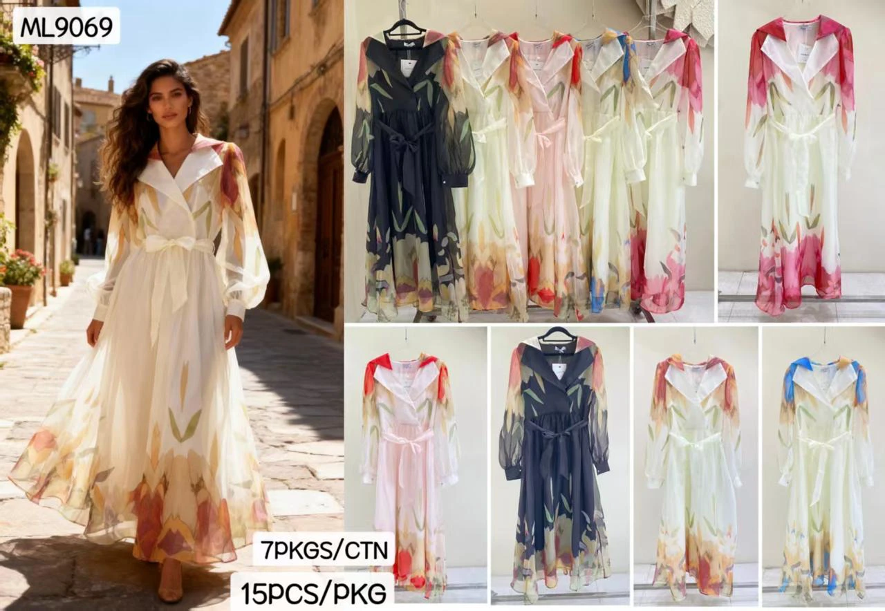 Vestido largo de gasa con estampado floral y cuello solapa-ML9069