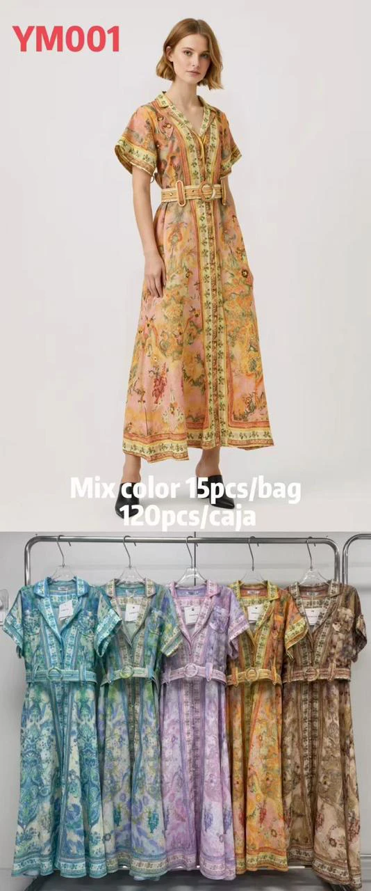 Vestido largo estampado con cinturón-YM001