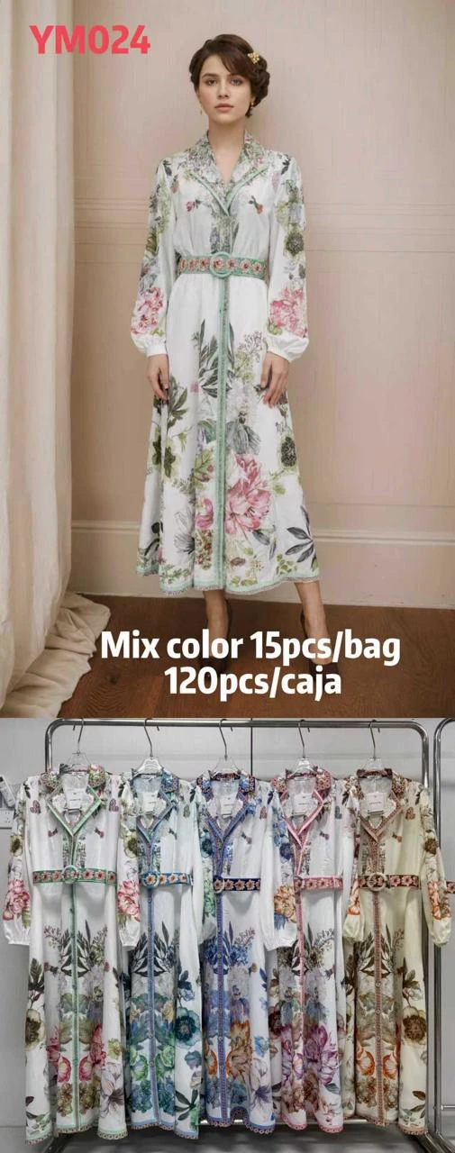 Vestido largo floral con cinturón-YM024