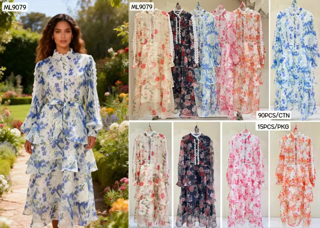 Vestido largo floral con cuello alto y volantes-ML9079