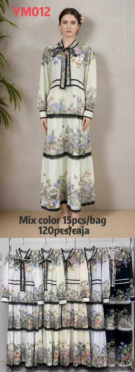 Vestido largo floral con cuello de lazo-YM012