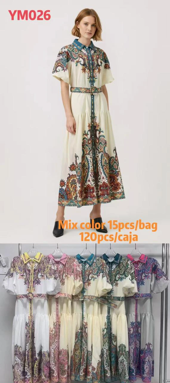 Vestido largo tipo camisa con estampado de cachemira y cinturón-YM026