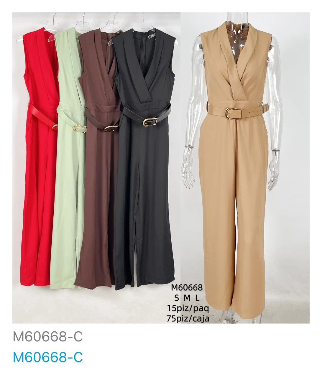 Jumpsuit elegante sin mangas con cuello en V y cinturón-M60668-C