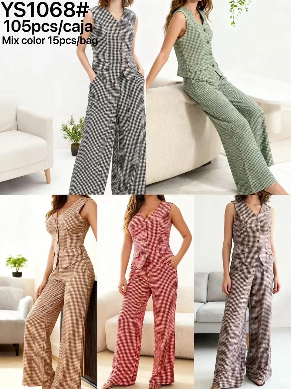Conjunto de chaleco y pantalón de cuadros para mujer-YS1068