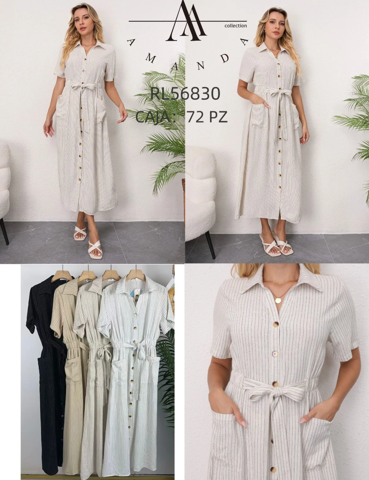 Vestido camisero largo con cinturón y bolsillos-RL56830