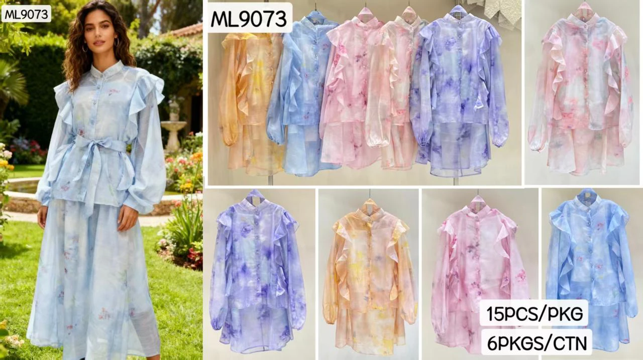 Conjunto de Blusa de Gasa con Volantes y Falda Larga Estampada-ML9073