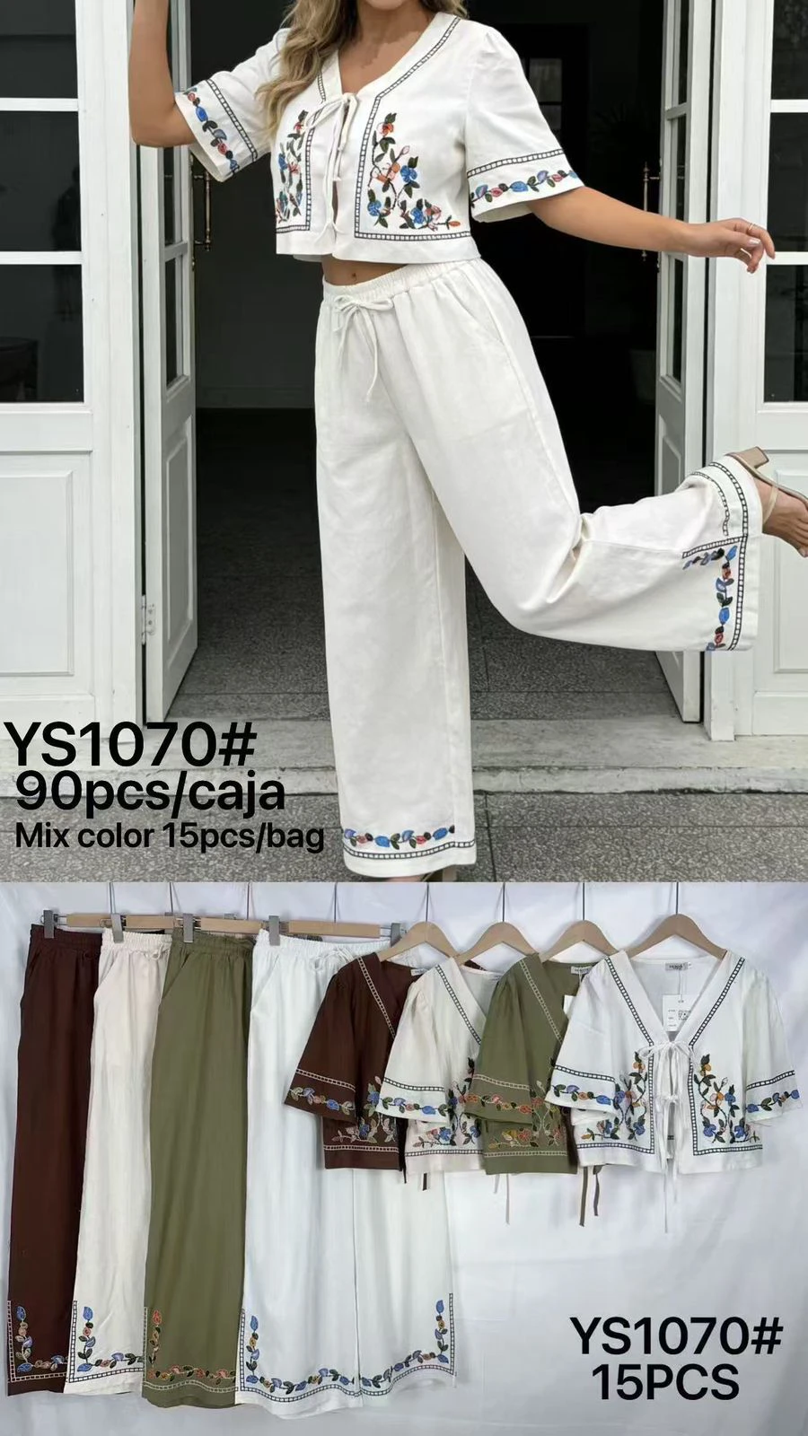 Conjunto de top corto y pantalón ancho con bordados-YS1070
