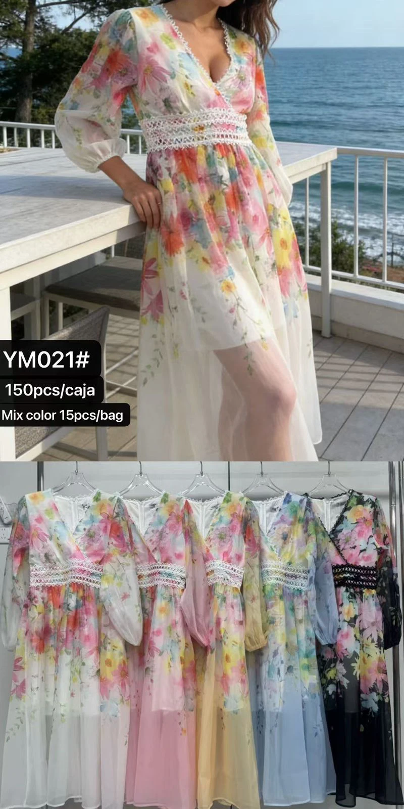 Vestido largo floral con escote en V y detalle de encaje-YM021