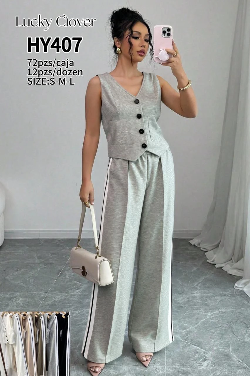 Conjunto de chaleco y pantalón ancho con rayas laterales-HY407