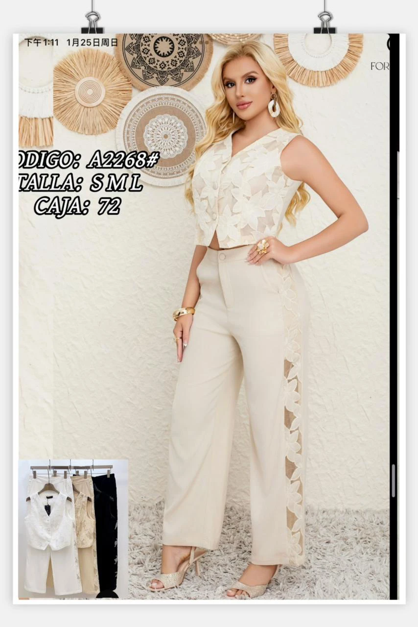 Conjunto de top sin mangas y pantalón con detalles de encaje-A2268