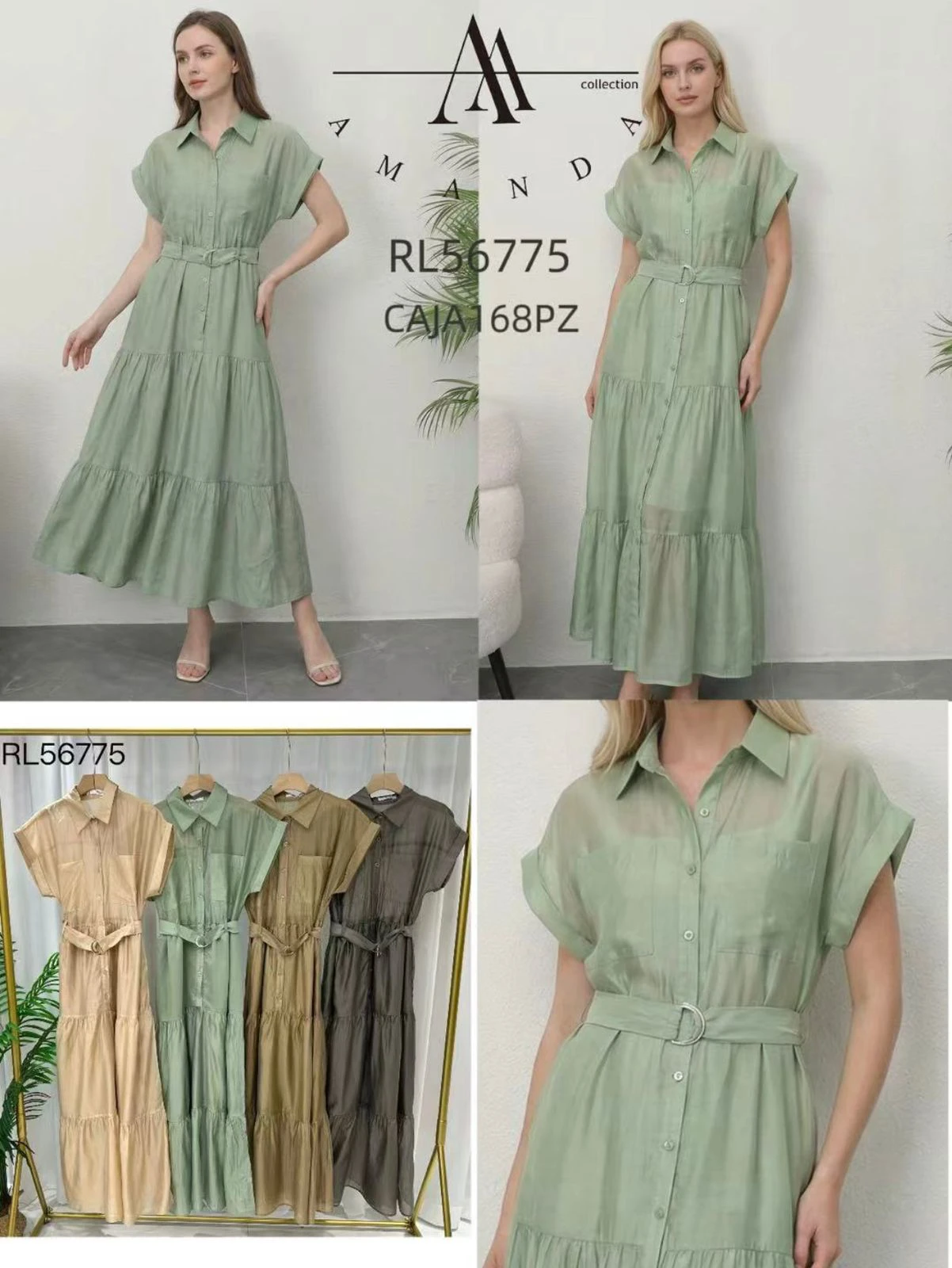 Vestido camisero largo escalonado con cinturón-RL56775
