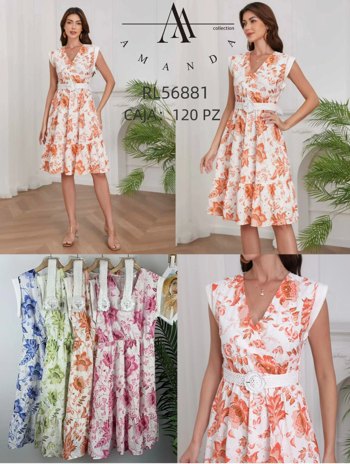 Vestido floreado de cuello V con cinturón-RL56881