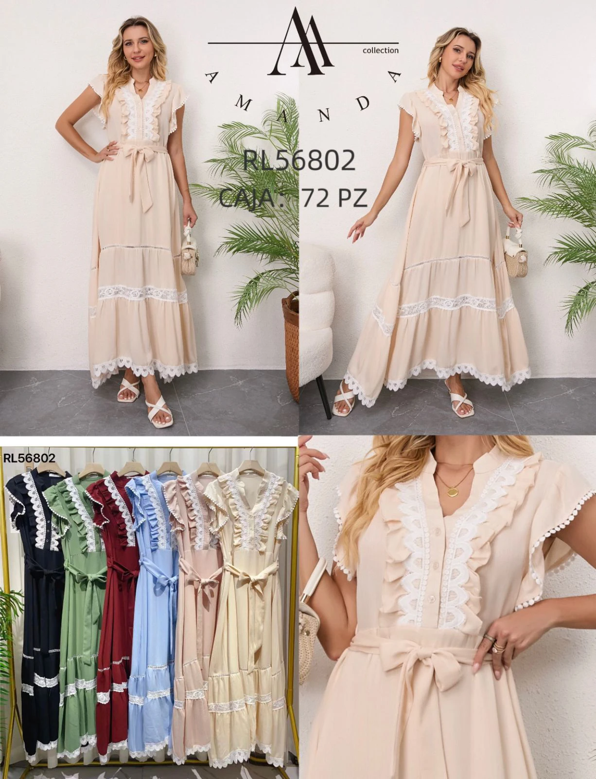 Vestido largo con volantes y encaje-RL56802
