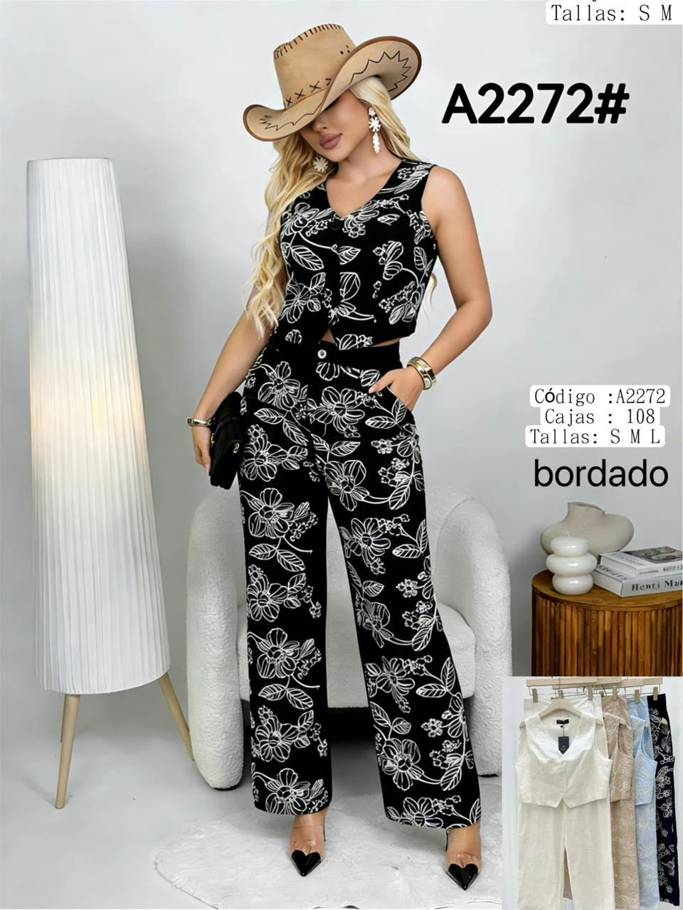 Conjunto de top sin mangas y pantalón de pierna ancha con estampado-A2272