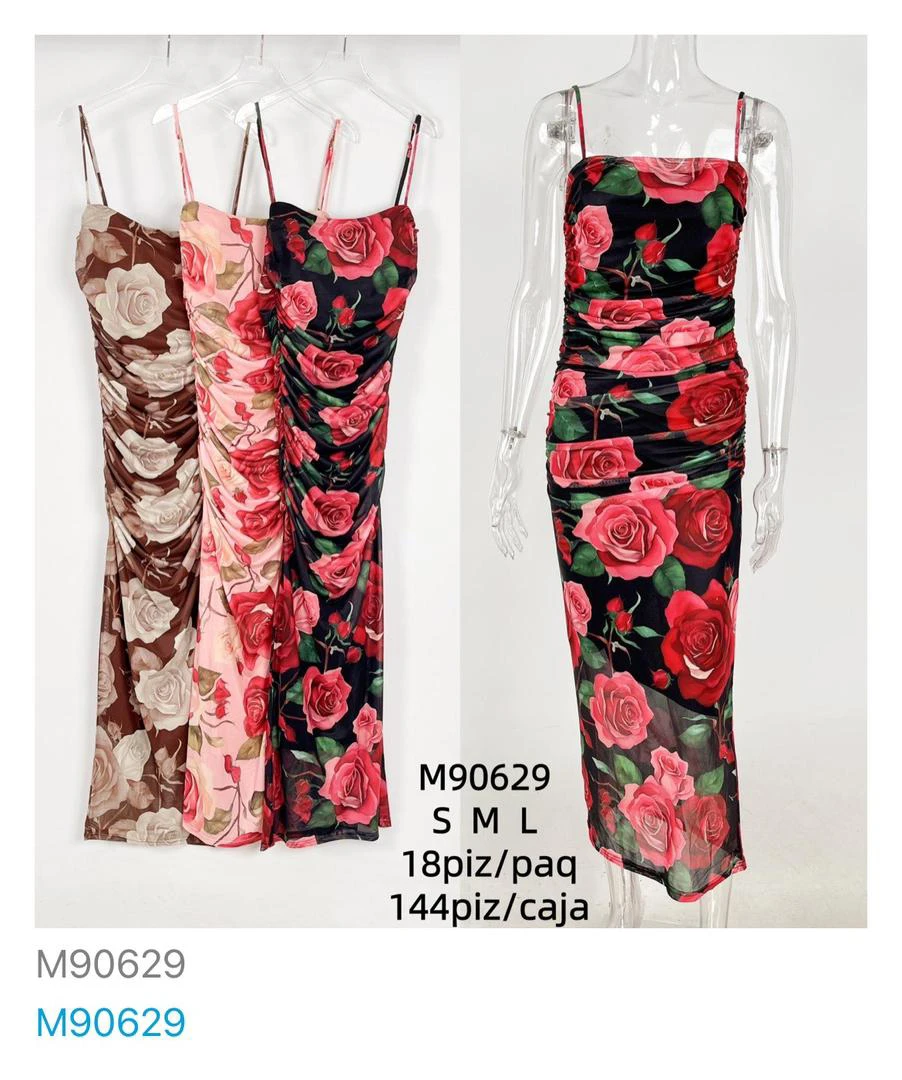 Vestido midi ajustado con estampado de rosas-M90629