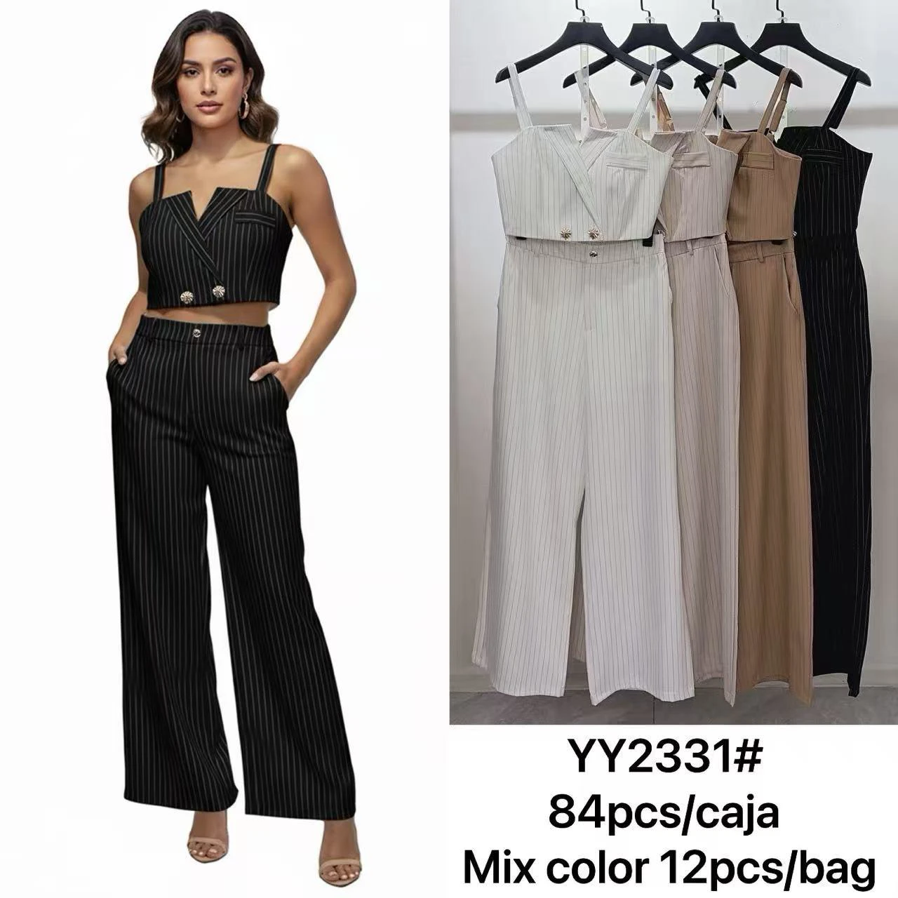 Conjunto de top con tirantes y pantalón a rayas-YY2331
