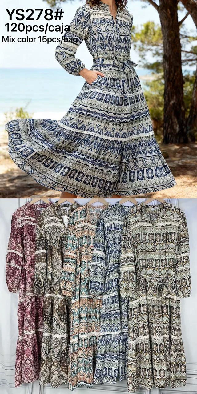 Vestido largo de manga larga con estampado tribal y lazo en la cintura-YS278
