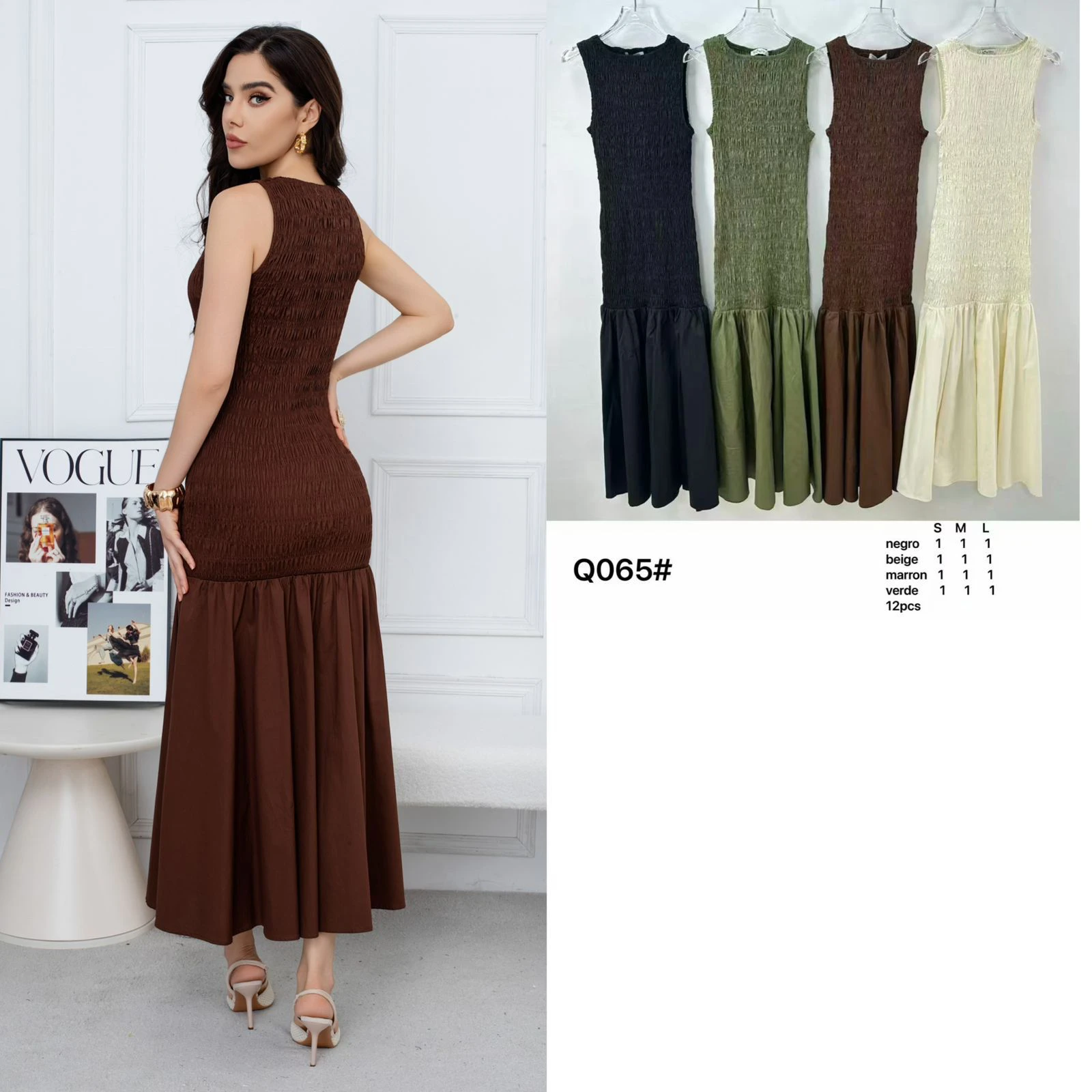 Vestido largo sin mangas con parte superior fruncida y falda fluida-Q065