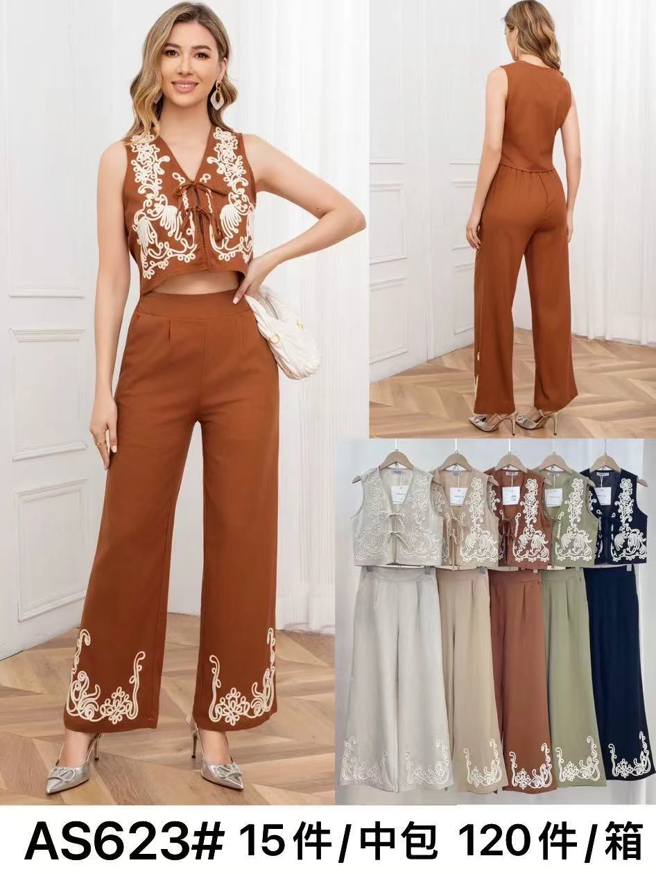 Conjunto de top bordado y pantalón de pierna ancha-AS623