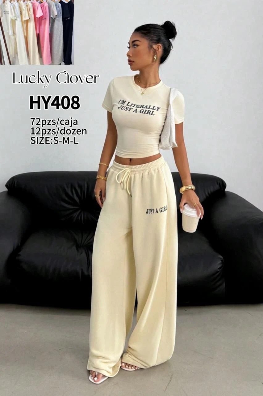 Conjunto casual de camiseta crop y pantalón ancho con estampado-HY408