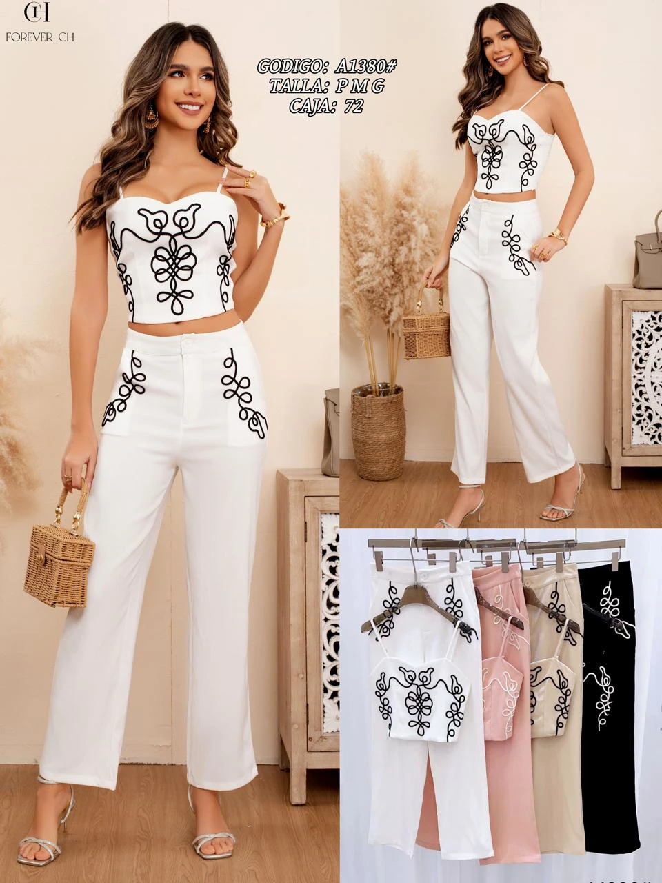 Conjunto de top y pantalón bordado-A1380