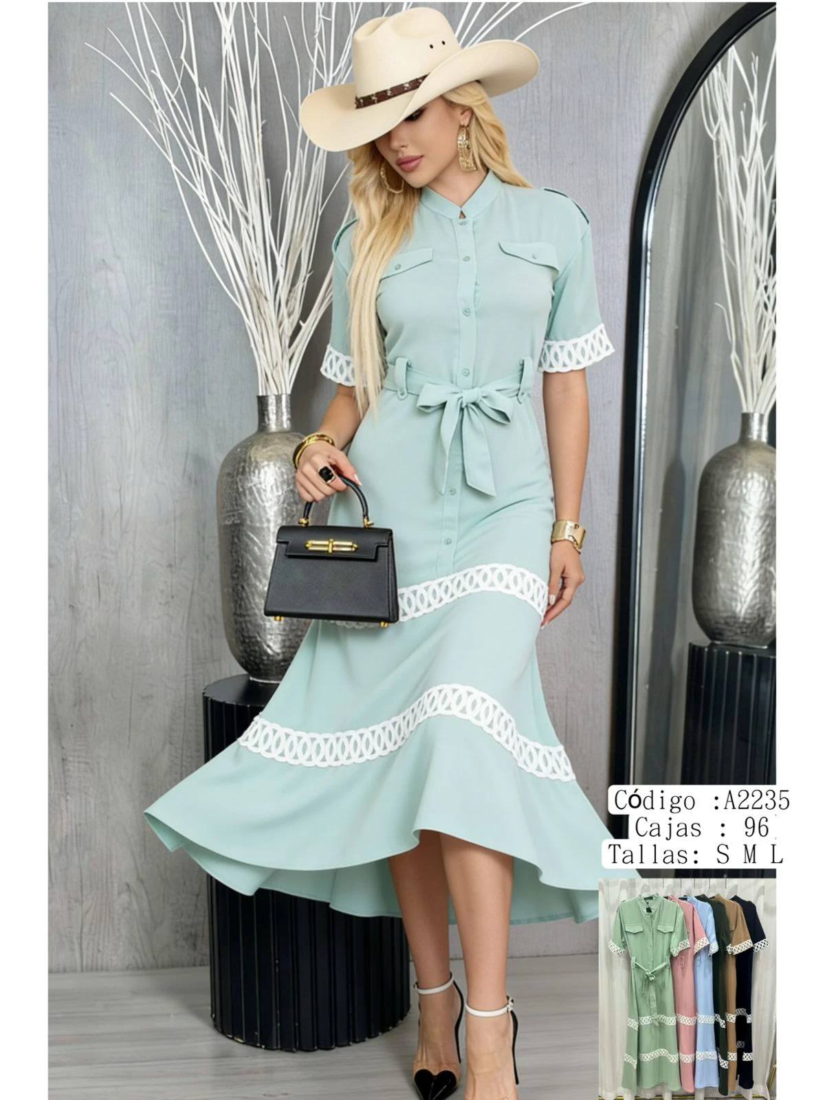 Vestido camisero con cinturón y detalles de encaje-A2235