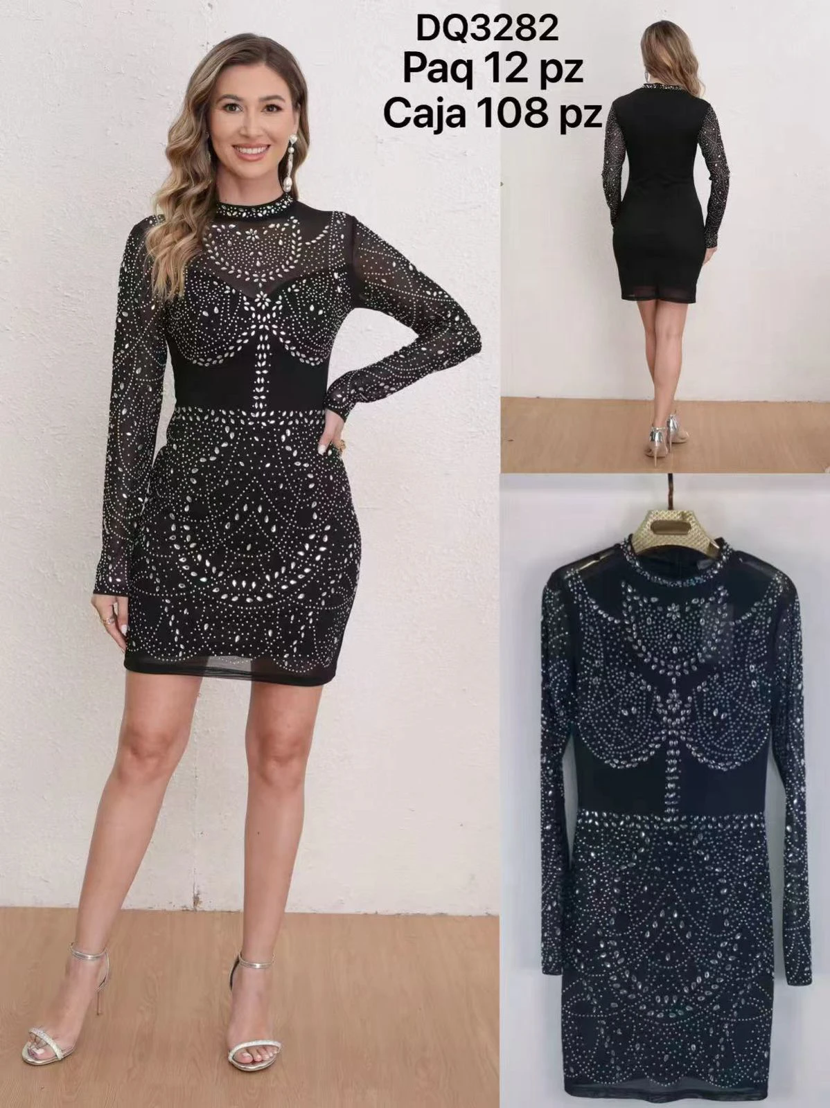 Vestido corto ajustado con pedrería y manga larga-DQ3282