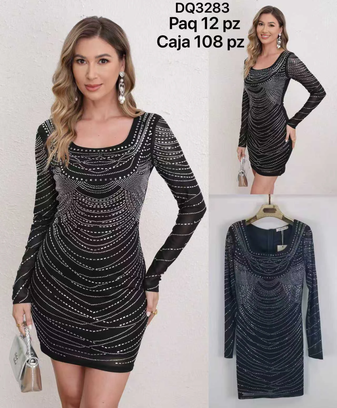 Vestido corto ajustado de manga larga con pedrería-DQ3283