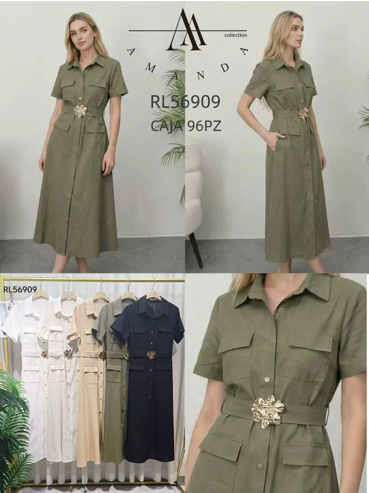 Vestido tipo camisa con cinturón y bolsillos-RL56909