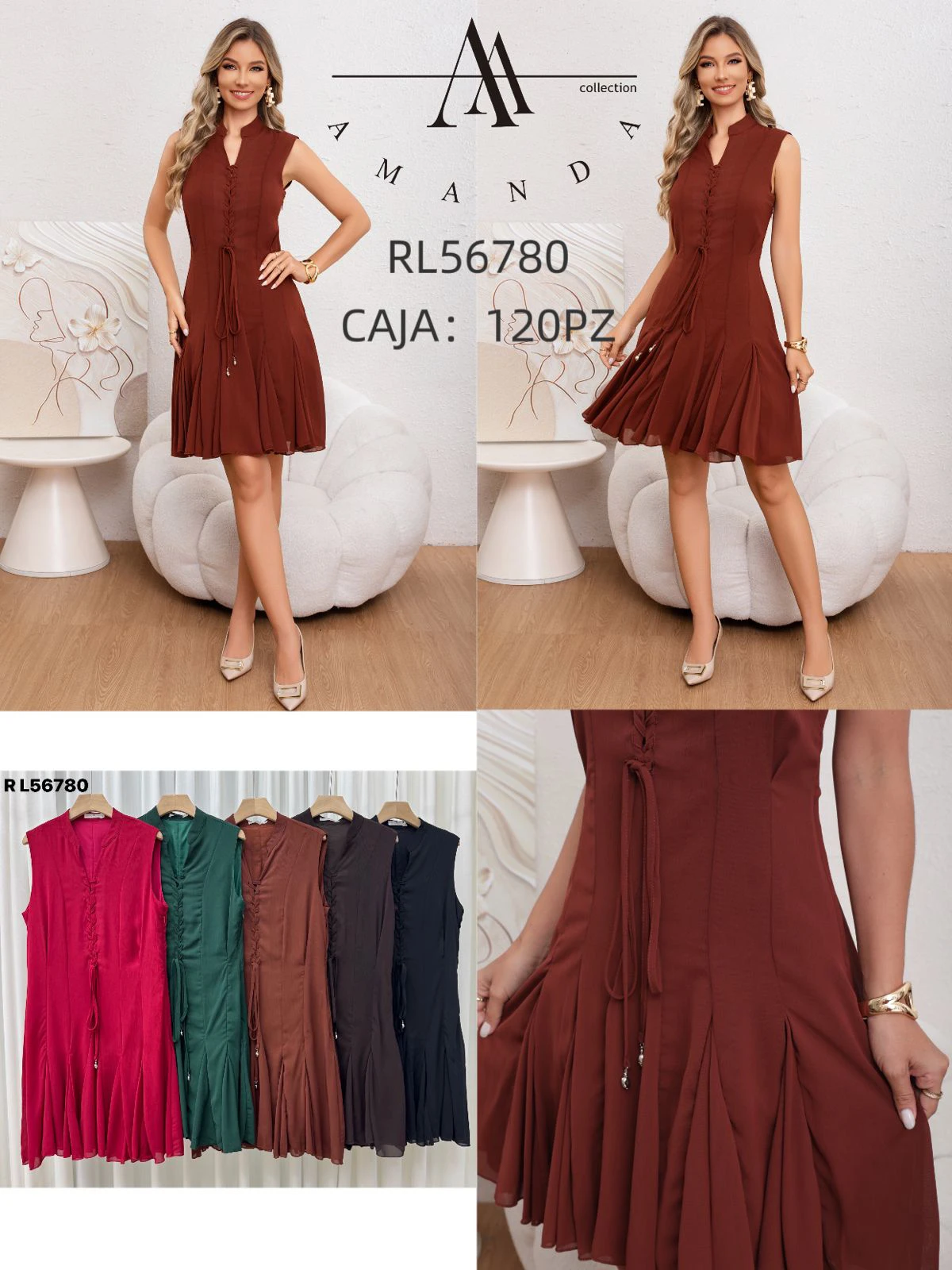 Vestido sin mangas con escote de cordones y falda plisada-RL56780